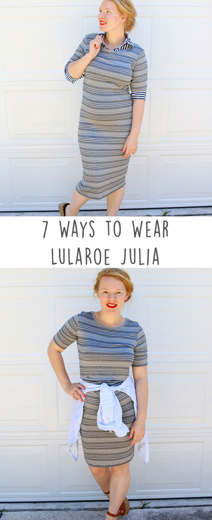 Wearing a larger size LuLaRoe Julia dress (belted or tied from the