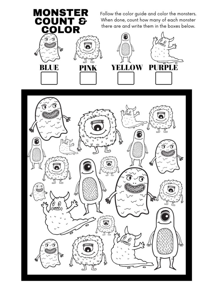 Free Printable: Monster I Spy Count and Color Activity Page for Kids