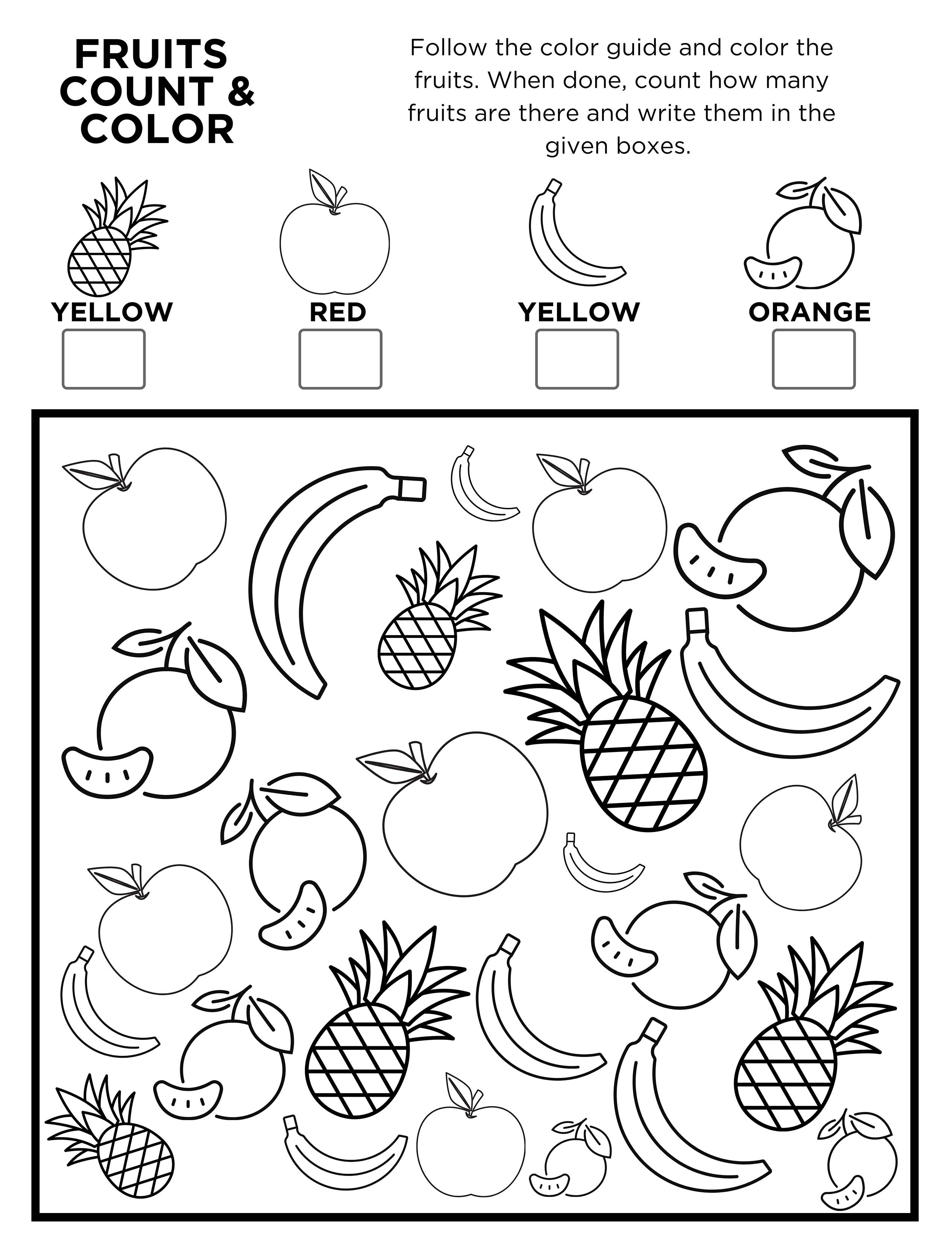 Free Printable Fruit I Spy Count and Color Activity Page for Kids It